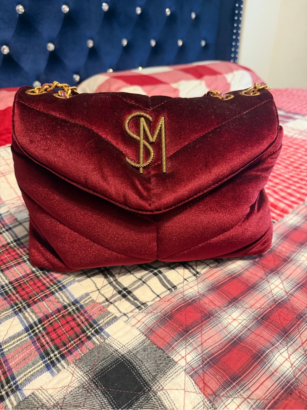 Steve Madden Burgundy Velvet Shoulder Bag with Gold SM Emblem